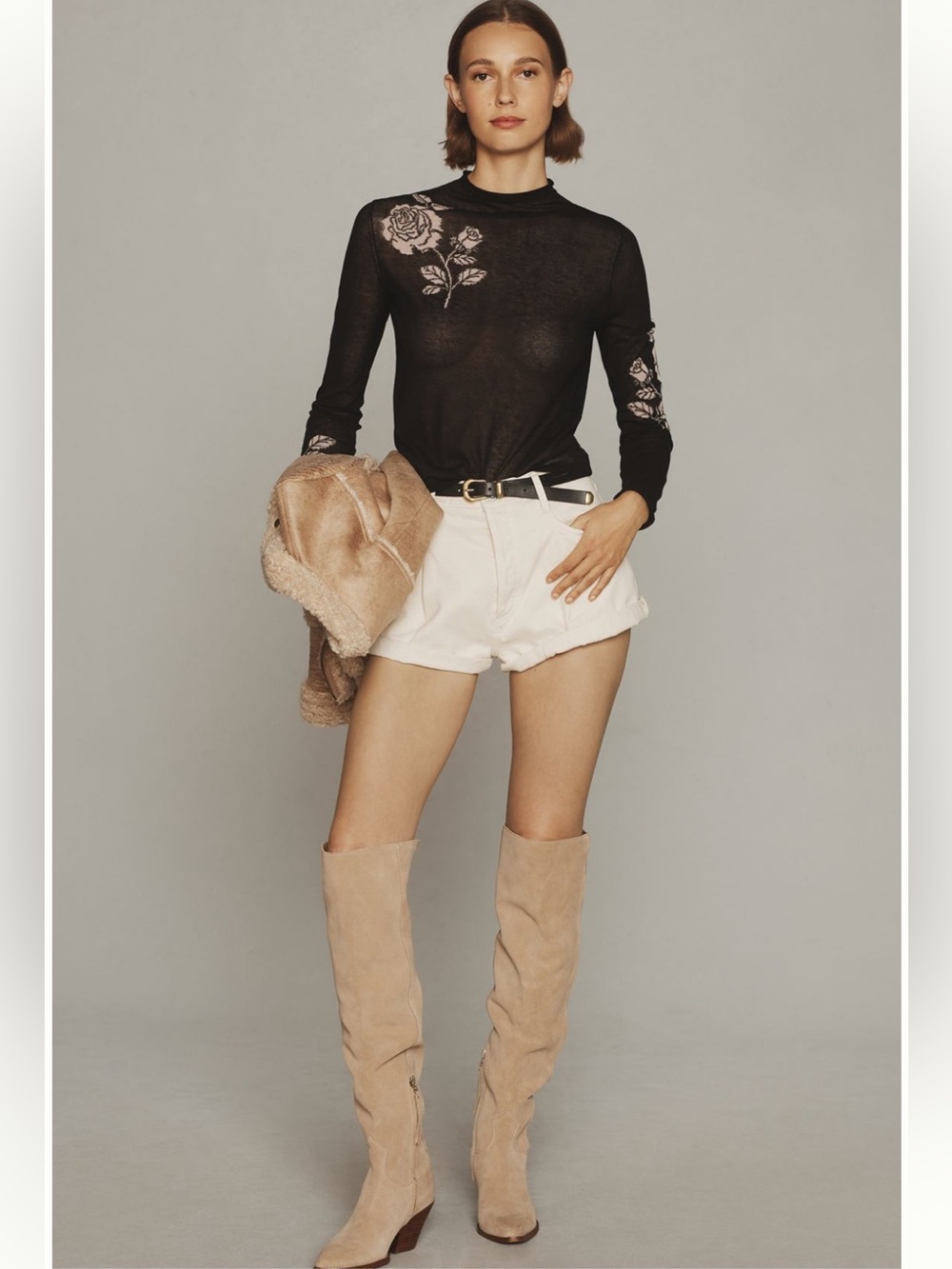 Maeve Anthropologie Black Sheer Mock Neck Top Pink Rose Embroidery XXS